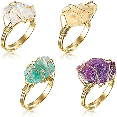 Kigeli 4 Pieces Chakra Crystal Ring Healing Crystal Ring Crystal Gemstone Adjustable Ring Irregular Crystal Wire Wrapped Ring Jewelry for Women and Girls Multi Cover
