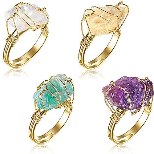 Kigeli 4 Pieces Chakra Crystal Ring Healing Crystal Ring Crystal Gemstone Adjustable Ring Irregular Crystal Wire Wrapped Ring Jewelry for Women and Girls (Purple, White, Yellow, Green)