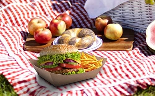 [50 pcs] Brown Paper Trays [17cm x 12cm, 400ml ] Nachos Burger Hotdog Cardboard Takeaway Trays with Organic Coating, Small to Large Paper Food Trays, Cardboard Bowls, Burger Tray