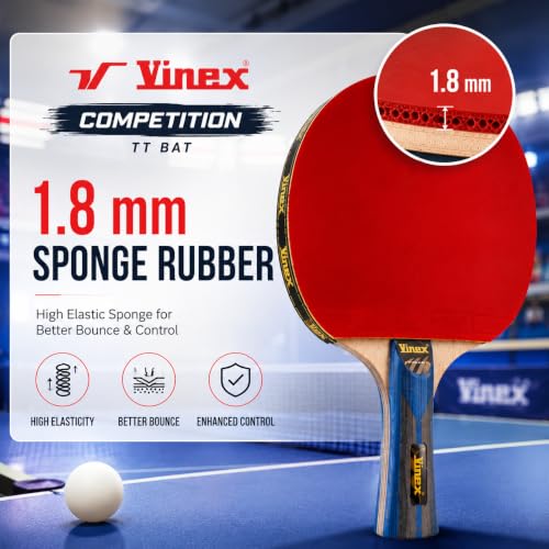 Image of Vinex 7 Star Competition Table Tennis Racquets, TT Bat with 6 mm Blade, 1.8 mm Sponge Rubber and concave Handle, Pack of 1 Pcs
