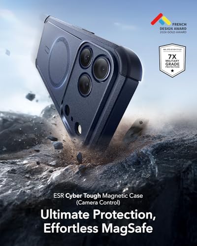 Image of ESR for iPhone 17 Pro Phone Case, 23ft Military-Grade Drop Protection, Shock-Absorbing Rugged Cover, MagSafe Accessories Compatible, Cyber Series, Navy Blue
