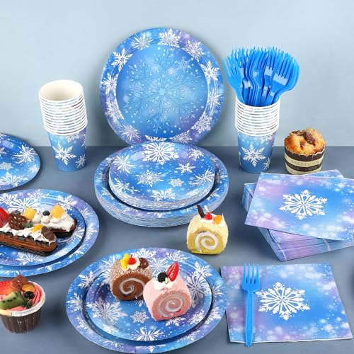 Kochorie 144 Pieces Frozen Party Supplies, Snowflake Tableware Sets Including Disposable Paper Plates Napkins Cups Forks Serves 24 for Winter Christmas Holiday Wonderland Birthday Party Decorations by Kochorie - Used condition - Image 4
