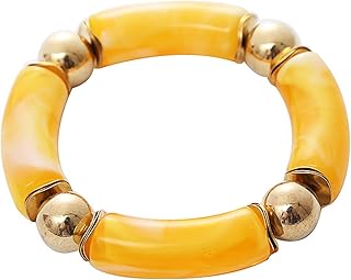 Bamboo Tube Beaded Acrylic Bangle Bracelets Gold Plated Colorful Chunky Curved Tube With Gold Pieces Beads Stretch Bracelet Friendship Summer Beach Jewelry for Women