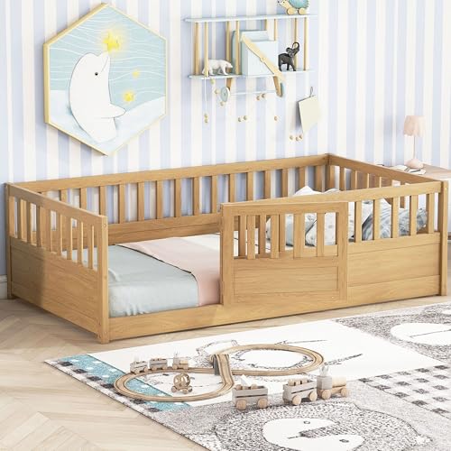 Twin Floor Bed with High Fence and Door, Kids Montessori Floor Bed, Twin Floor Bed Without Slats(Natural Twin)