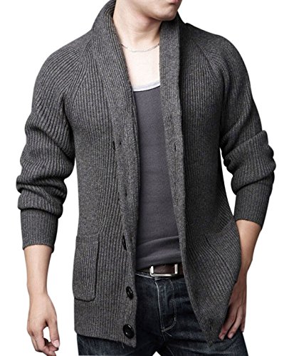 Yeokou Men's Casual Slim Thick Knitted Shawl Collar Cardigan Sweaters Pockets (Medium, Grey) #TOP1