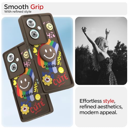 Image of Pikkme Back Cover for Oppo A79 5G | Soft Silicone| Cute Rainbow Smile & 3D Cartoon Flower Design | Shockproof Raised Camera Protection Bumper Case (Brown)