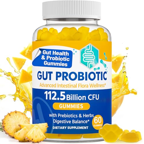 Gut Health & Probiotic Gummies, 112.5 Billion CFU, Sugar Free - 8 Strains + Prebiotics + Herbs - for Digestive, Immune, Diarrhea & Bloating - Gut Health for Women & Men, 60 Counts Probiotics Gummies