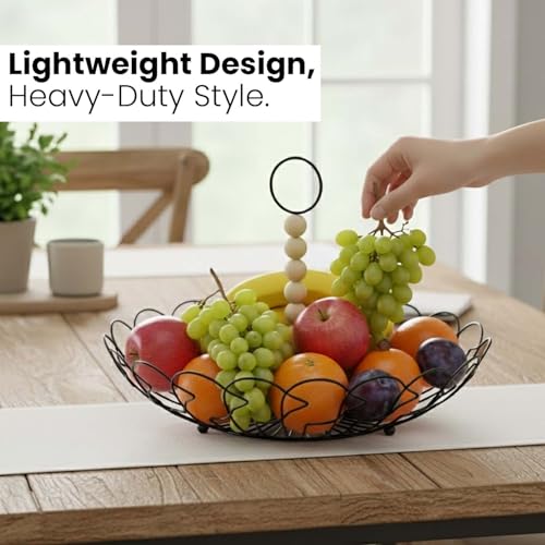 Image of Go Hooked Fruit Storage Basket for Kitchen Counter 27cm | Metal Wire Organizer Basket with Detachable Wooden Handle | Multipurpose Storage for Fruits & Vegetables | Rust Resistant Iron Shelf Basket