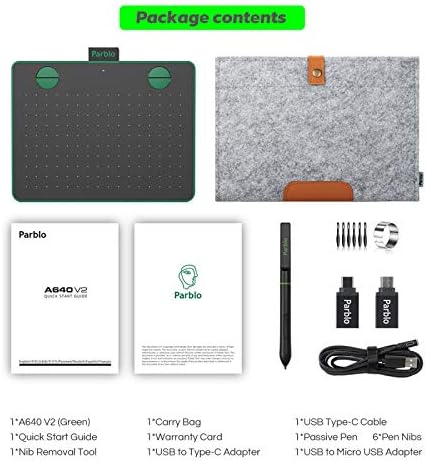 Parblo A640 V2 Graphic Drawing Tablet with 8192 Levels Pressure Battery-Free Pen, 6 x4 Inch Pen Tablet Compatible with Android Windows Mac OS for Digital Artworks, Elearning, Remote Working (Green)