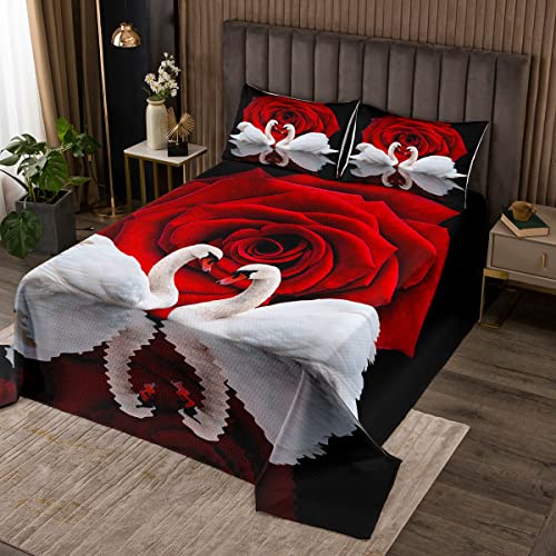 Erosebridal White Swan Bedspread Red Rose Quilted King Size,Birds Wildlife Coverlet Set,Romantic Wildlife Quilt Set Couple Bedroom Decor For Adult Lady Man, Wedding Festival Party Decor #TOP6
