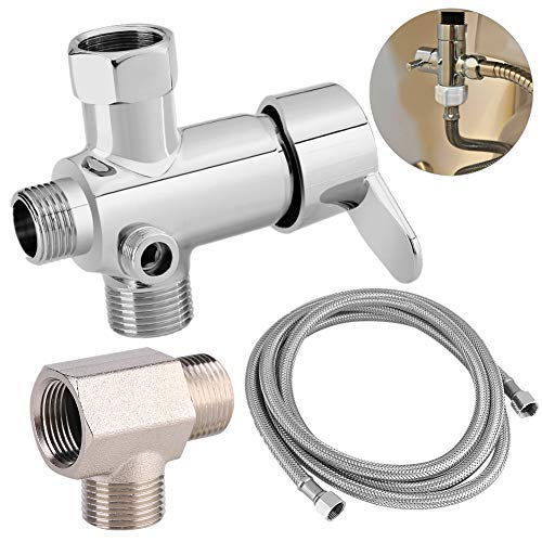 Toilet Bidet Diverter, Hot/Cold Water Diverter Valve Brass Plating Flexible Hose Kit with T Shape Adapter Shower System Component Replacement Part