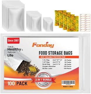 Fonday 100x Mylar Bags Bundle for Food Storage with 300cc Oxygen Absorbers: 1-GLx25Pcs, 1-QTx35Pcs, 0.5PTx40Pcs, Stand Up Bags+Label Heat Sealable Food Grade & Reliable - Silver