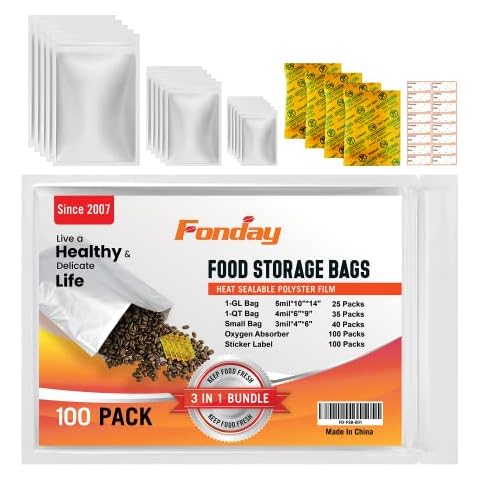 100x Fonday Mylar Bags Bundle for Food Storage with 300cc Oxygen Absorbers: 1-GLx25Pcs, 1-QTx35Pcs, 0.5PTx40Pcs, Stand Up Bags+Label Heat Sealable Food Grade & Reliable - Silver Cover
