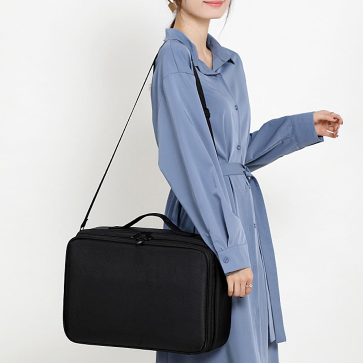 minkissy Bolsa de Cosméticos Práctica y Fácil de Llevar de Tela Oxford Negra Diseño de Compartimentos y Asa para Almacenaje y Viaje de Maquillaje