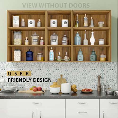Image of VIKI Furniture |Pivot Modular Kitchen Wall Cabinet - 4 Door Cabinet with Open Shelf | Space Saving Rack for Spices | DIY Home Storage Cupboard (Brussel Walnut - 30D x 200W x 80H cm) | 1 Year Warranty