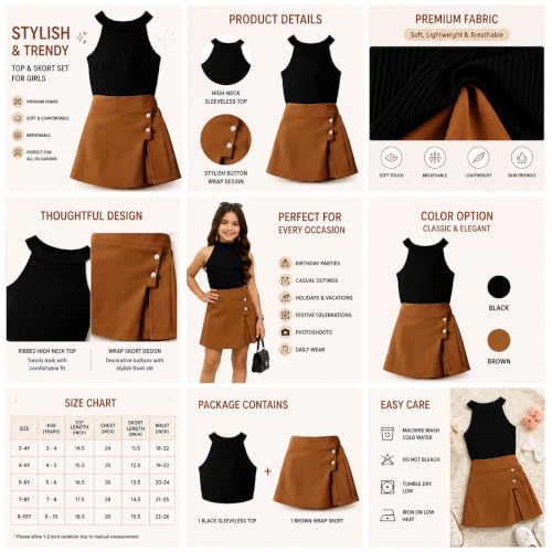 Image of RIYANSHI Girls Halter Neck Ribbed Top with A-line Skirt Set | Cotton Blend, 2 Piece Outfit, Button Detail, Ages 1-10 Years, Casual Wear