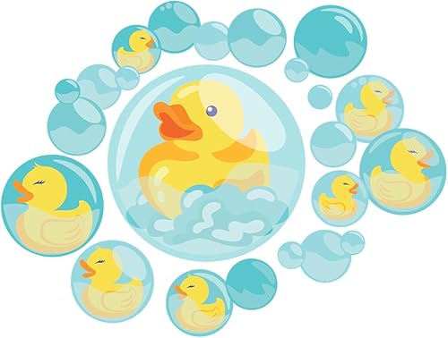 Adhesivo decorativo de pared de vinilo multicolor para sala de estar, habitación de niños, diseño de patos de goma, diseño de burbujas de jabón,