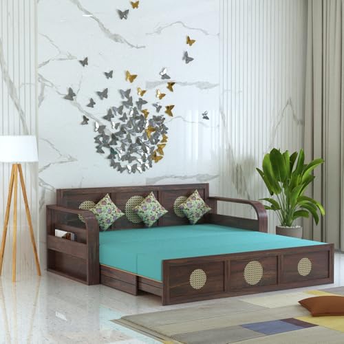 Image of Ganpati Arts Solid Sheesham Wood Cosmos 3 Seater Sofa Cum Bed with Headboard Design for Living Room Wooden Furniture Sofa Bed for Home - Walnut Finish 3 Year Warranty