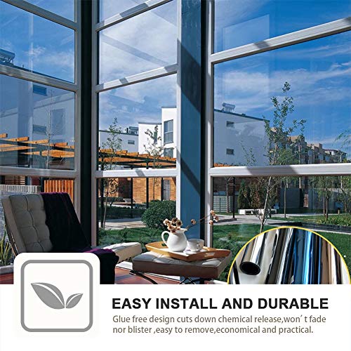Window Privacy Film One Way Daytime Mirror Tint Treatments UV Heat Control Vinyl Stickers Sun Block Glass Paper Door Covering Reflective (Blue Silver,41.3 Inch x 15.7 Feet)