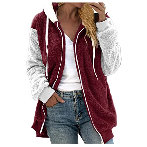 Fuzzy Fleece Jackets for Women Plus Size Hoodies Fall Winter Coats Color Block Patchwork Cardigan Coat with Pockets