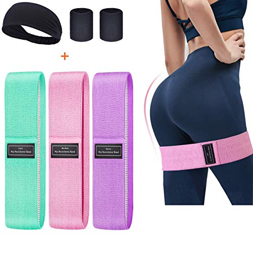 Resistance Hip Bands Set, Elastisch Fitnessbänder Widerstandsbänder mit 3 Verschiedene Zugkraftstärken Trainingsband Yogaband Sport Stirnband Wristbands für Beintraining, Krafttraining und Klimmzüge