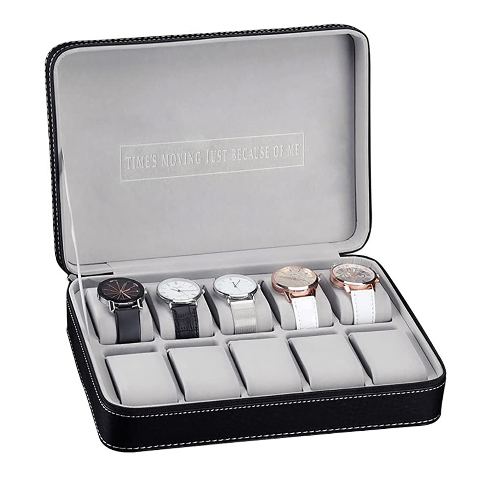 CHUOZI 10 Slots Leather Watch Box, Portable Travel Zipper Case Collector Storage Jewelry