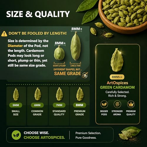 Image of ArtOspices Whole Green Cardamom (Elaichi) 500g | 8mm+ Kerala Cardamom Pods | Export Quality Spices | High Natural Oil Content | No Added Colour | Premium Cardamom for Cooking, Chai & Desserts