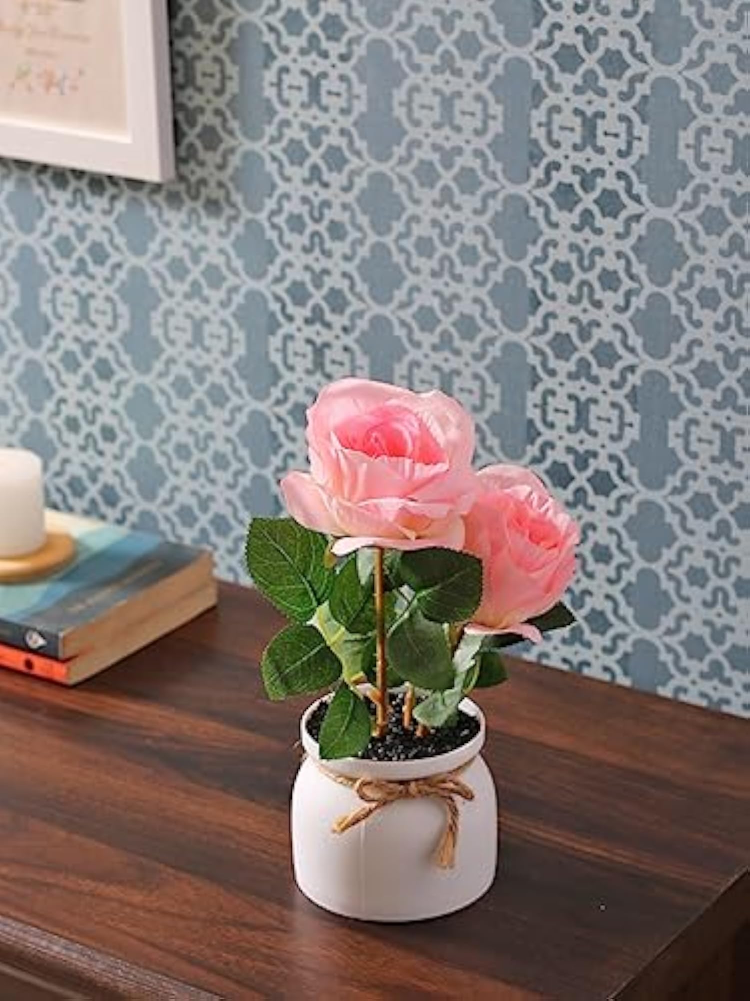 Artificial Rose Flower Plant with Plastic Pot for Home Décor