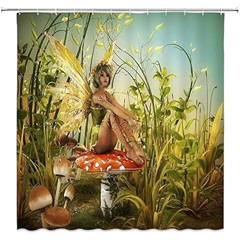 jingjiji Mushroom Fantasy Shower Curtain Fairy Tale World Jungle Plant Child Elf Bathroom Decoration Curtains Polyester Fabric Waterproof with Hook 70 X 70 Inch Green Red Cover
