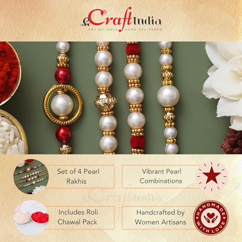 Image of eCraftIndia Set of 4 Red, Golden White Pearls Rakhis Best Bro Ever Fridge Magnet with Roli Chawal Pack - Rakhi for Brother, Bhaiya, Bhai