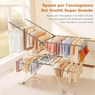 Innotic Stendibiancheria Salvaspazio 33 Aste,Stendino Verticale Pieghevole Allungabile a 2 Livelli,Stendipanni Richiudibile Regolabile in Acciaio Inox per Esterno Interno Balcone,Portatile,grigio