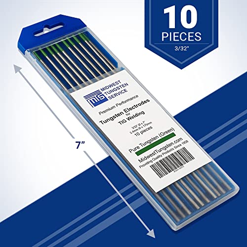 Image of Midwest Tungsten Service TIG Welding Tungsten Electrodes 10-Pack (Green - Pure Tungsten (WP, EWP), 3 /32 inch)