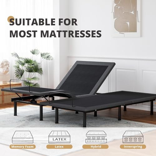 Image of EGOHOME Split King Adjustable Frame for Pain Relief, Metal Folding Bed Base with Remote for Independent Head and Foot Incline, Zero Gravity, Anti Snore | 12 inch Removable Legs, Wireless Remote, Head and Foot Incline, Anti Snore, Zero Clerance Easy Assembly