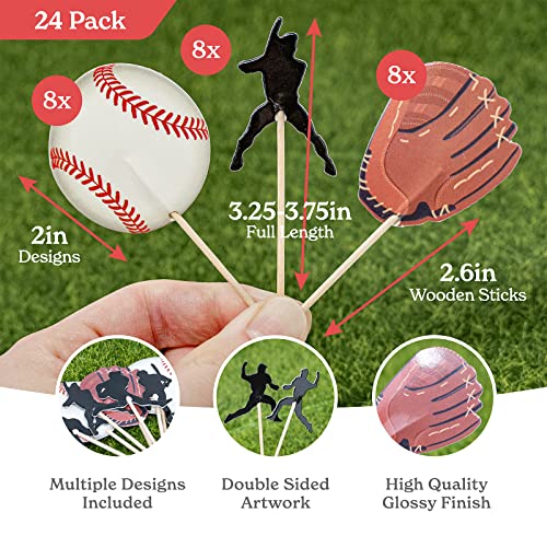 Baseball Cupcake Toppers For Cake Decorations [24 Pcs, 8 X Silhouettes, 8 X Baseballs, 8 X Gloves] Sports Themed Party Decor Favor Supplies For Kids Adults Birthday World Series [Cardboard Cut Outs] #TOP1