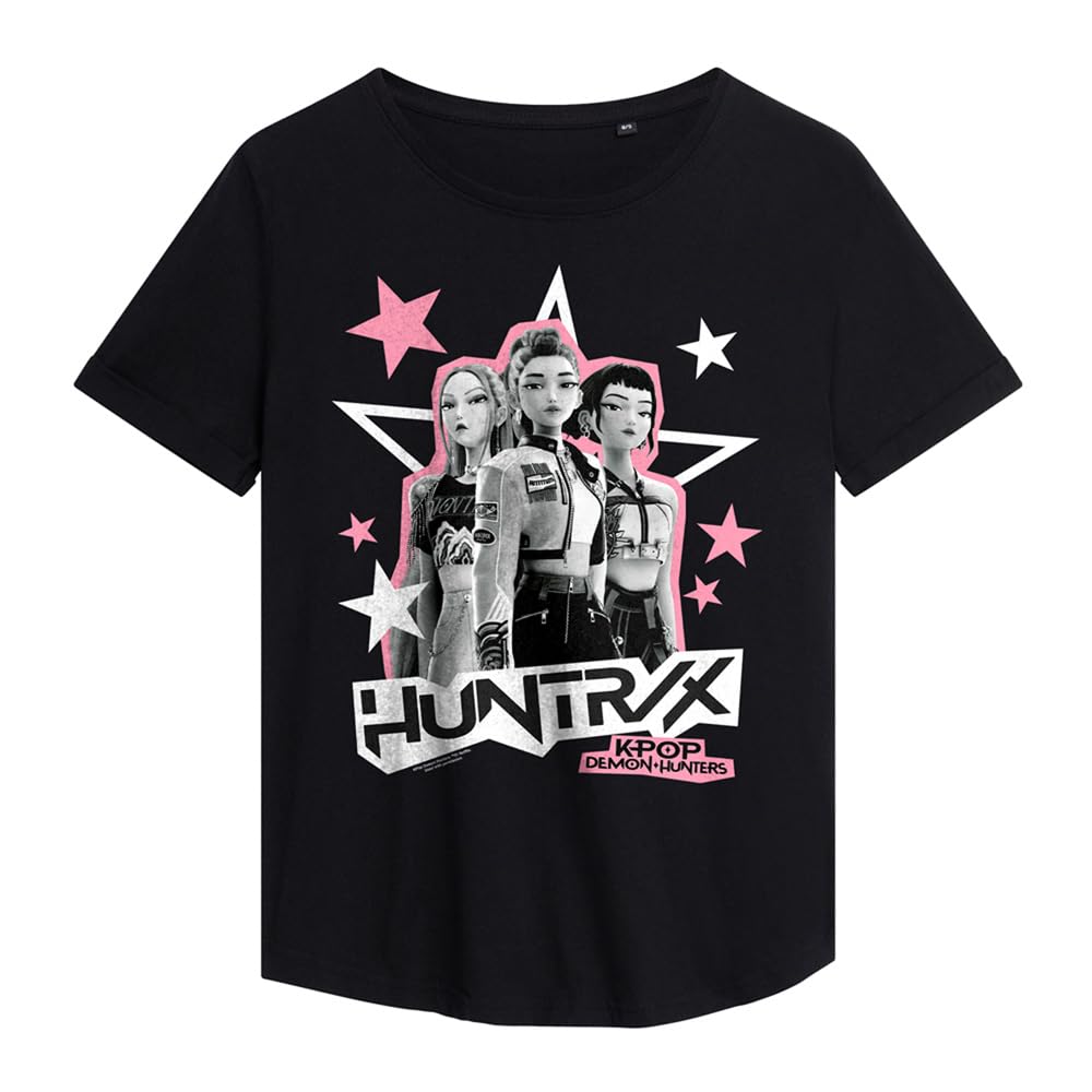 Kpop Demon Hunters Huntrix Scrapbook Stars Ladies Fashion T Shirt, Black, Large