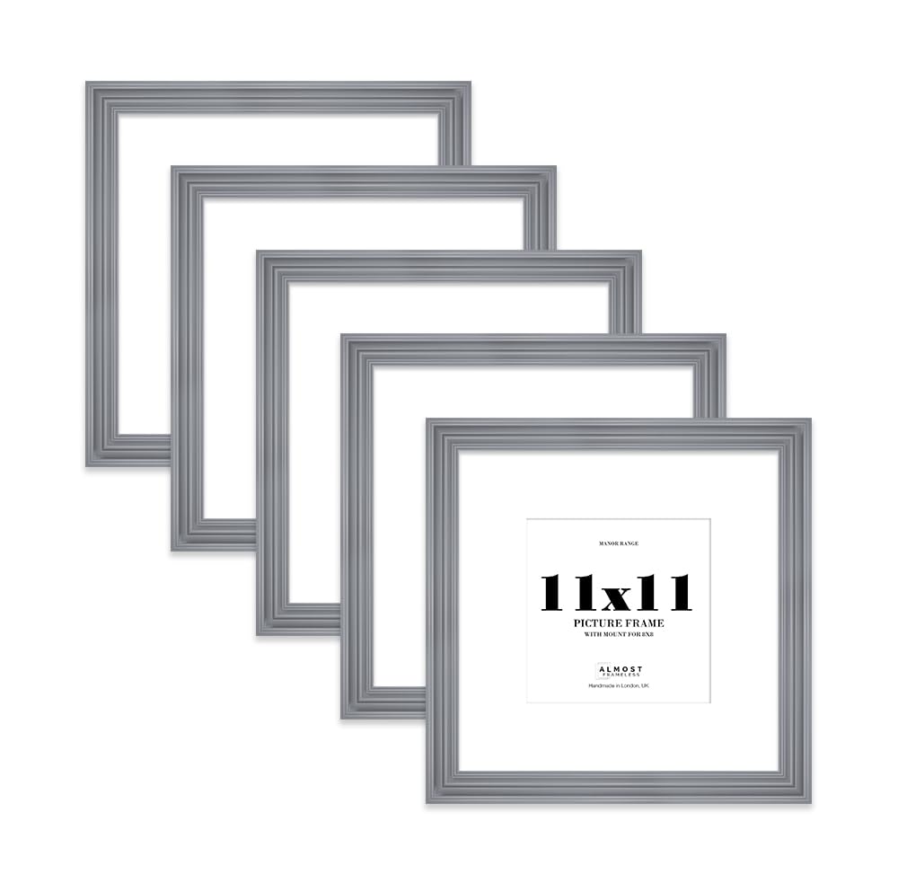 11x11" Grey Picture Frame - 11x11" Square Frame with 8x8" Mount for 11x11"/8x8" Pictures Classic Style Photo Display, 5 Pack