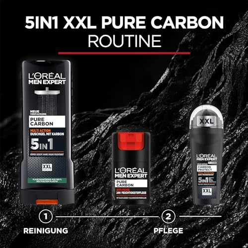 L'Oréal Men Expert XXL 5in1 Duschgel und Shampoo für Männer, Duschbad zur Reinigung von Körper, Haar und Gesicht, Herren Körperpflege für langanhaltende Frische mit Karbon, Pure Carbon, 1 x 400 ml