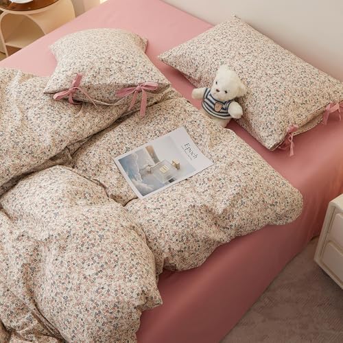 Image of Pink Floral Comforter Set King, Aesthetic Botanical Flowers Comforter with 2 Bow Ties Pillowcases, Lightweight Cute Girls Floral Bedding Comforter Vintage Cottagecore Comforter Set for All Season