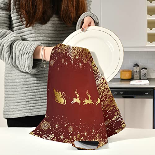 Christmas Santa Sleigh Kitchen Dish Towels Set Of 4, Golden Reindeer Snowflakes Dishcloths Absorbent Lint-Free Towels Dish Drying Towel For Cooking Baking Home Clean Housewarming Gift #TOP2