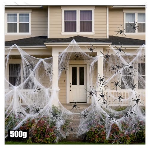com-four® Juego de decoración de 26 Piezas para Halloween - Telaraña elástica de 500 g con 25 arañas Negras - Telaraña Blanca para Halloween, Carnaval, Fiestas de Terror o temáticas