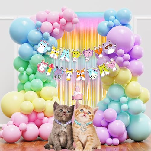 Image of Rozi Decoration Cat & Rainbow Theme Birthday Combo Kit | 32-Piece Set with Cat Banner, Foil Curtain Backdrop & Pastel Balloons | Kids Birthday Decorations