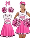 JenPen 3 Pcs Halloween Cheerleader Costume for Women Adult Cheerleader Outfit Set Cheerleading Uniform Dress for Party(Pink,M)