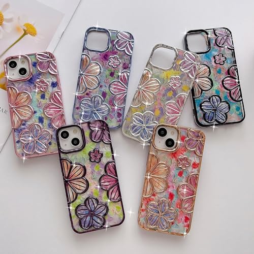 Image of mobistyle Designed for iPhone 14 Plus Cover| Electroplating TPU Bling Colourful Floral 3D Camera Protection Back Cover Case for Girls & Women (Blue Electroplating Flowers)