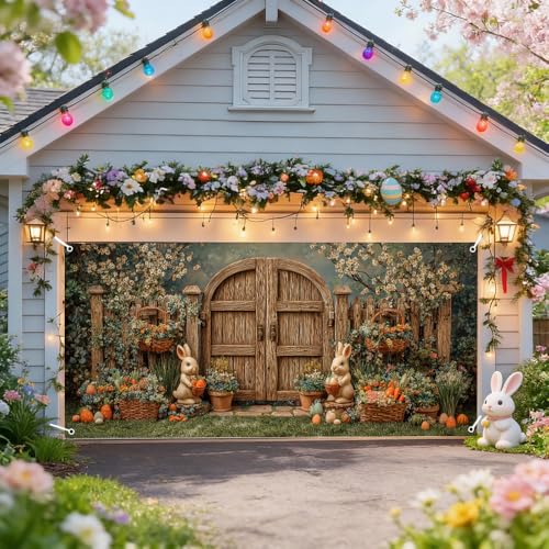 Image of Spring Garden Garage Door Cover 157x70 inch Bunny Floral Rustic Wood Door Farmhouse Outdoor Mural Banner Easter Decoration Home Decor