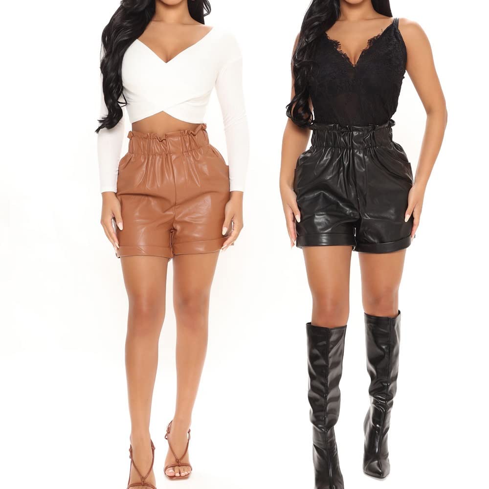 RLKHXBS Women's Leather Shorts Spring High Waist A-line Slim Loose Wide Leg Pants Casual Five-point Pants