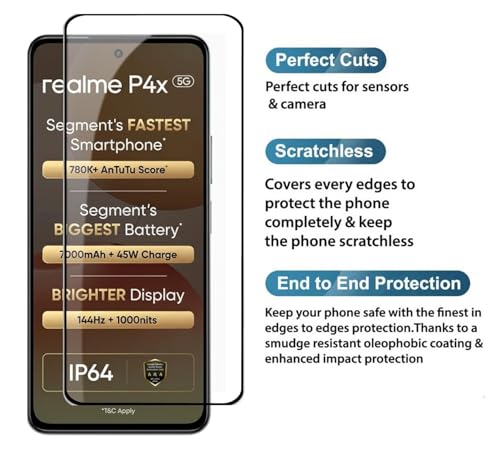 Image of HD Tempered Glass Screen Protector Compatible for Realme P4X 5G with Edge to Edge coverage and Easy Installation kit