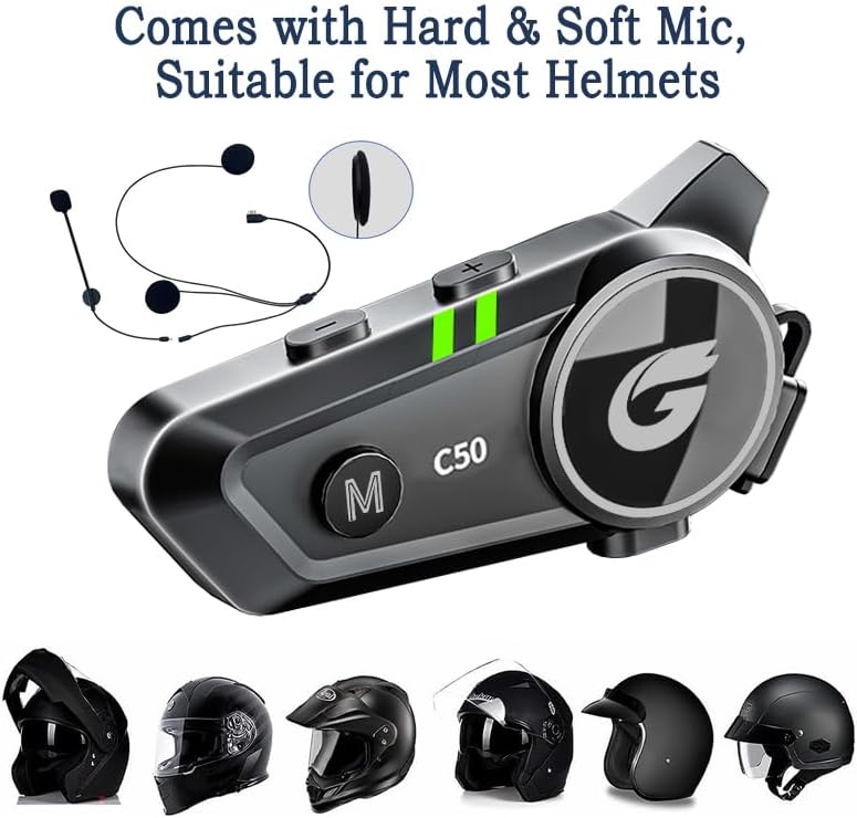 Miniatura 7 de Auriculares Bluetooth para casco de motocicleta con sonido estéreo, sistema de comunicación C50 de 2 vías de 1000 M, altavoces de intercomunicación