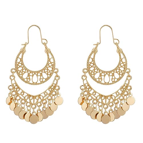 Boho Beads Chandelier Tassel Fringe Dangle Earrings Gypsy Coin Disc Earrings Bohemian Statement Ear Jewelry for Women