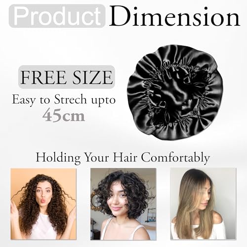 Image of GLUN Hair Bonnet Cap with 3 Satin Scrunchies Black Colour Combo, Soft Satin Cloth Bonnet Cap Prevents Hair Breakage, Sleep Cap for Frizz Control & Moisture Retention, Ideal for Curly & Natural Hair
