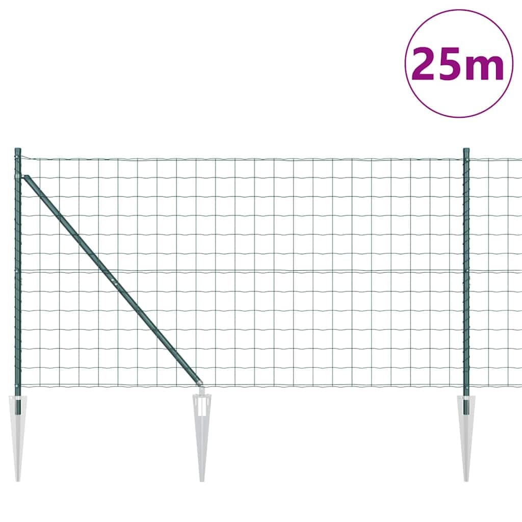 Juego de valla europea de 25 x 1 m, valla de alambre verde de acero, juego completo con postes, casquillos de suelo y alambre tensor, valla de alambre para exteriores y parcelas